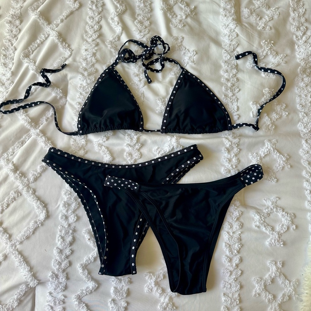 Black Polkadot Triangle Bikini Set